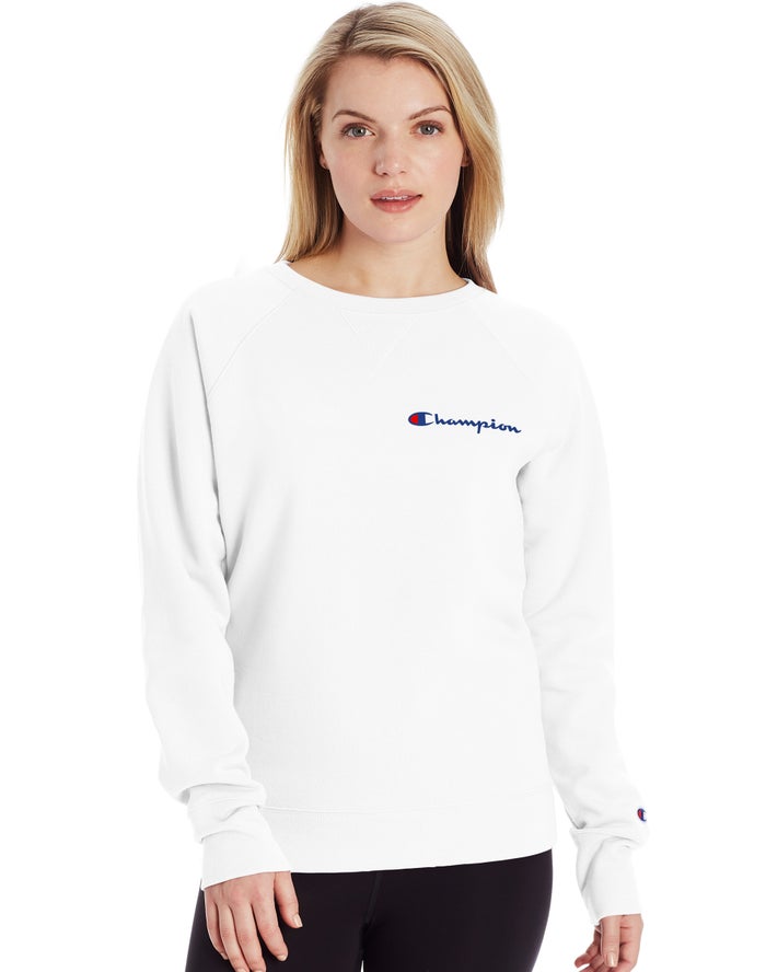 Hanorac Champion Powerblend Fleece Classic Crew Script Logo Dama Albi - Romania RQVUIAZ-69